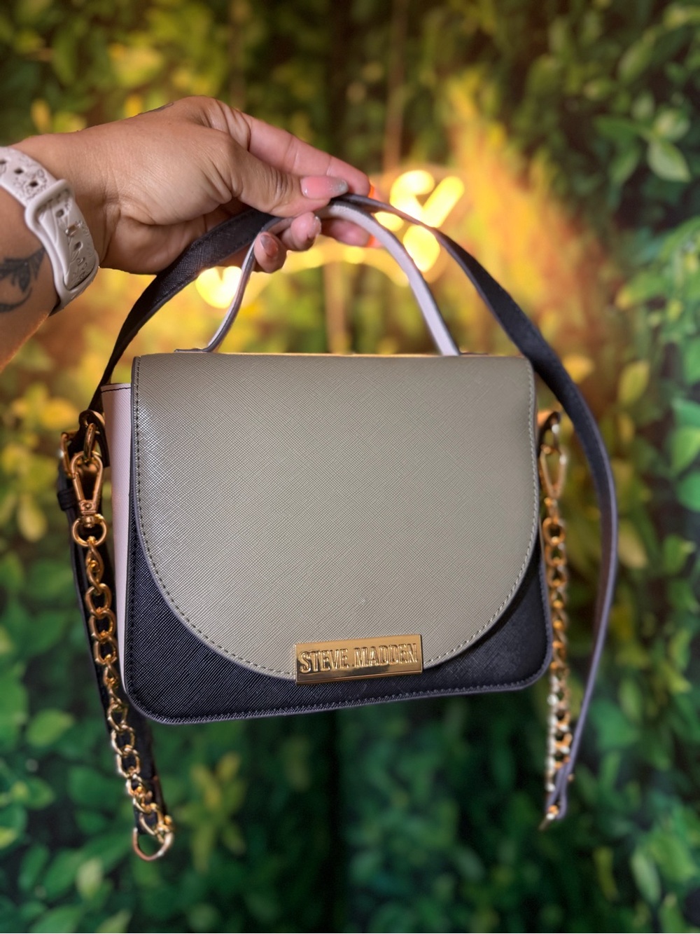 Steve Madden Olive & Black Structured Top-Handle Satchel